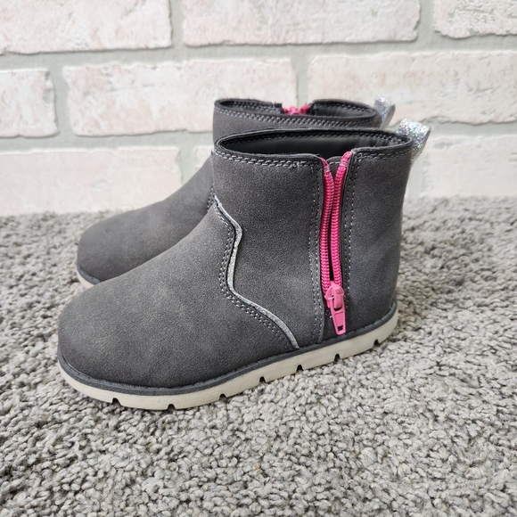 OshKosh B'Gosh Girls Ankle Boot  Grey /Pink Shimmer Strip Side Zip Size 2 - Picture 5 of 8